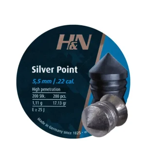 ساچمه H&N سیلورپوینت 5.5 با طراحی نوک‌تیز برای شکار و تیراندازی دقیق